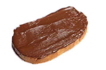 Bread spread with chocolate cream isolated on white background, selective focus