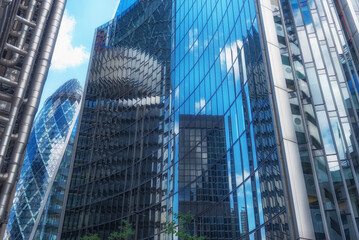 Glass fronted offices of the international banking and financial district of the City of London, UK