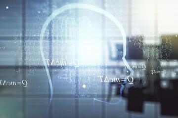Fototapeta premium Abstract virtual artificial Intelligence interface with human head hologram on a modern conference room background. Multiexposure