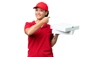 pizza delivery woman with work uniform picking up pizza boxes over isolated chroma key background...