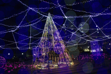 ツリー型のイルミネーションと玉ボケ