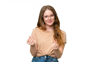 Young pretty woman over isolated background making money gesture but is ruined