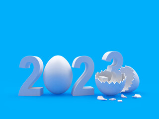 White number 2023 with a broken eggshell on a blue background. 3D illustration