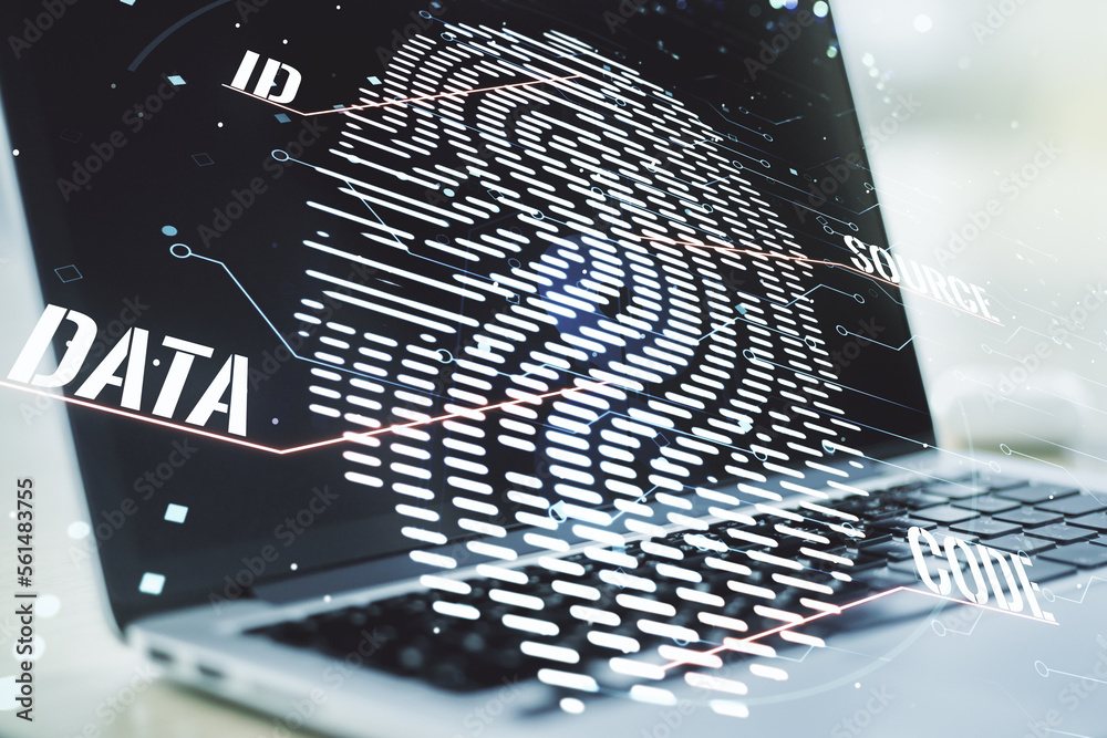 Aufkleber Multi exposure of abstract fingerprint scan interface on computer background, digital access concept