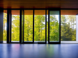 Fototapeta premium Empty room with view from window into nature. Generative AI