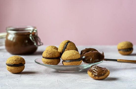 Hazelnut biscuits baci di dama or lady's kisses are traditional Italian dessert made as a sandwich with two cookies and chocolate cream. 