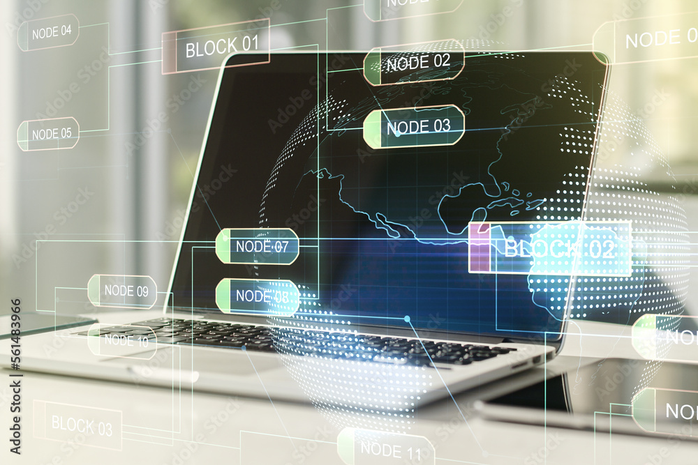 Leinwandbilder double exposure of abstract programming language with world map on laptop background, research and d
