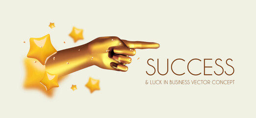 Success and finance luck concept with realistic gold hand and stars. Win, achieve, bonus, sale, special offer, making money and so on design template.