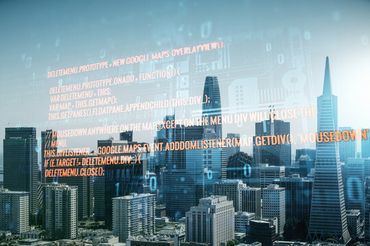 Double exposure of abstract programming language interface on San Francisco city skyscrapers background, research and development concept