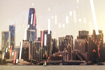 Abstract creative financial graph interface and world map on San Francisco skyline background, forex and investment concept. Multiexposure