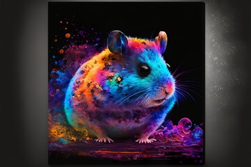 Painted animal with paint splash painting technique on colorful background hamster