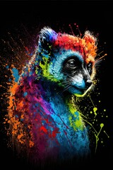 Painted animal with paint splash painting technique on colorful background lemur - obrazy, fototapety, plakaty