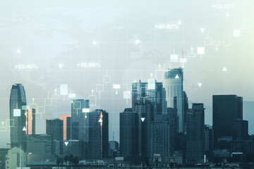 Multi exposure of virtual creative financial graph and world map on Los Angeles city skyline background, forex and investment concept