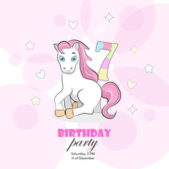 Invitation to a birthday party of 7 year old with a pony, cute hearts, flowers and translucent pink circles with the number 7. Vector illustration