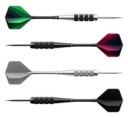 Modern Darts. Close-up view of a set of various darts are isolated on transparent background. 3D rendering graphics.