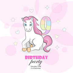 Invitation to a birthday party of 9 year old with a pony, cute hearts, flowers and translucent pink circles with the number 9. Vector illustration