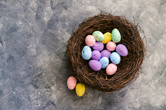 Easter eggs on a wooden background.