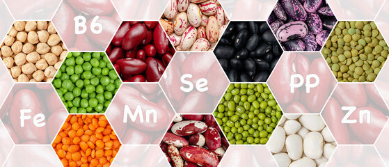Collage of mixed legumes in hexagon structure.