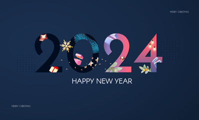 Happy 2024 New Year celebration with 3D elements: gift box, sowflake, star and so on. Cover, flyer and poster minimal design template.