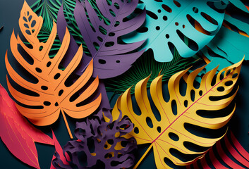 Tropical leaf colourful paper collage background. Generative ai