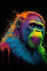 Painted animal with paint splash painting technique on colorful background orangutan - obrazy, fototapety, plakaty