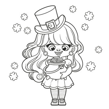 Cute cartoon leprechaun girl  with a pot of gold outlined variation for coloring page on white background