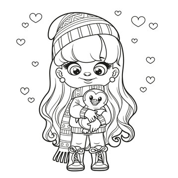 Cute cartoon long haired girl with toy penguin in hands and winter clothes outlined for coloring page on a white background