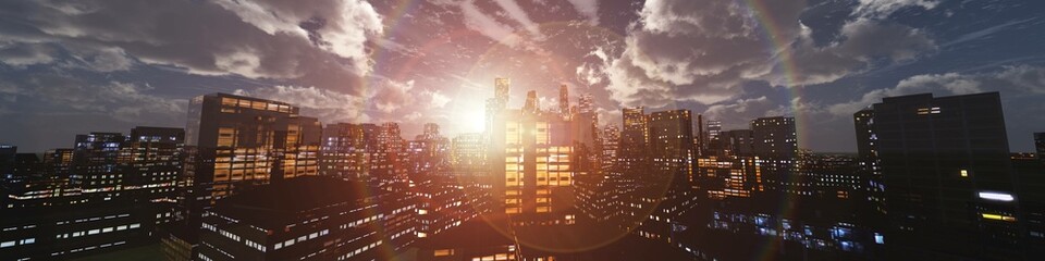 Fototapeta na wymiar Evening city at sunrise, night skyscrapers in the rays of the sun, 3d rendering