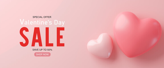 3d rendering.Valentines day sale with heart shaped balloons. Holiday illustration banner. for valentine and mother day design