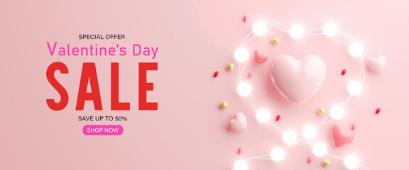 3d rendering.Valentines Day sale with heart shaped balloons, gift box and ball light decor. Holiday illustration banner. for valentine and mother day design