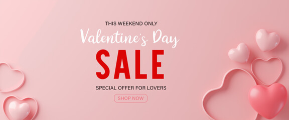 3d rendering.Valentines day sale with heart shaped balloons. Holiday illustration banner. for valentine and mother day design