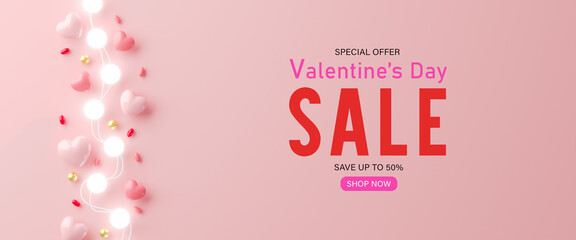 3d rendering.Valentines Day sale with heart shaped balloons, gift box and ball light decor. Holiday illustration banner. for valentine and mother day design