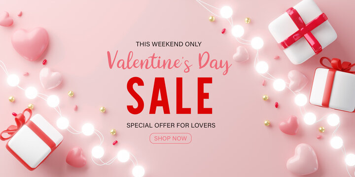 3d rendering.Valentines Day sale with heart shaped balloons, gift box and ball light decor. Holiday illustration banner. for valentine and mother day design