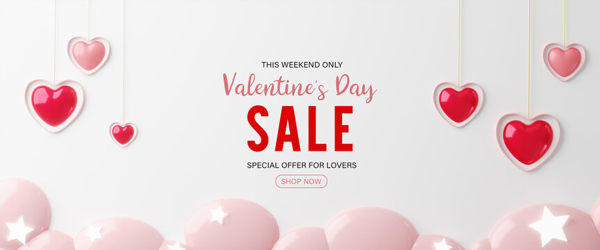 3d rendering.Valentines day sale background with Heart Balloons and clouds. Can be used for Wallpaper, flyers, invitation, posters, brochure, banners.