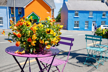 Fototapeta na wymiar Colorful houses in Eyeries, small town on Ring of Kerry, famous Atlantic way in Ireland.