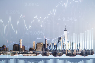 Double exposure of abstract creative financial chart hologram on New York skyscrapers background, research and strategy concept