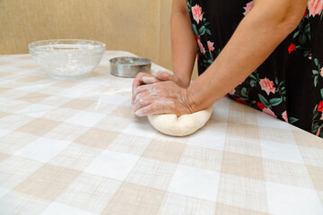 Closeup of woman kneading the dough on the table