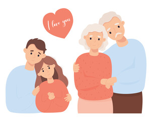 Happy couple in love. Cute pair young people and enamored old, aged man and woman elderly. Vector Flat cartoon style illustration. Holiday concept I love you, happy people, love and longevity.