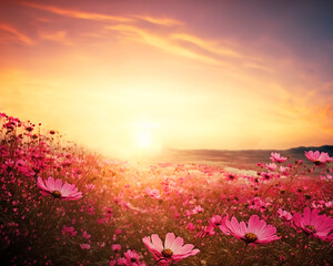 sunset in the mountains with pink and red cosmos flowers field, generative ai background 