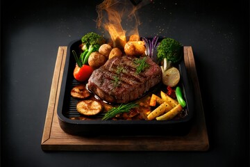 A mouth-watering steak sizzles on a hot plate.