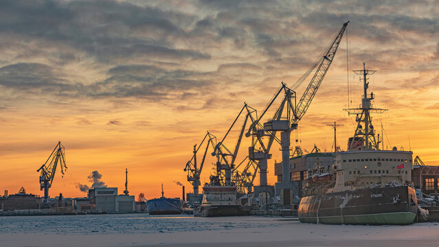 St. Petersburg, Russia January 07, 2023: The legendary icebreaker Krasin is permanently moored at the port berth on the Neva River. Museum of the World Ocean. Historic ship, conqueror of the Arctic