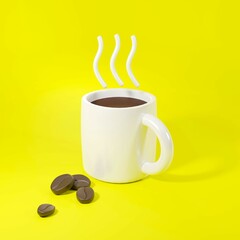 3d coffee mug and coffee beans hot coffee drink ceramic mug yellow background