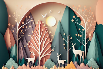 Abstract background with forest and wild animals. AI generated image.