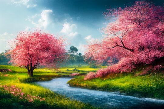 landscape with colorful trees in thes spring, Generative AI Art Illustration
