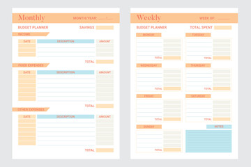 Monthly, weekly budget planner. Financial Accounting Template Vertical Pages. Minimalist journal design printable