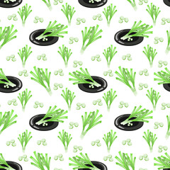 Seamless pattern of leeks in a plate