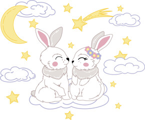 Obraz na płótnie Canvas image of two rabbits with elements of the night sky, moon, clouds, comet and stars. vector illustration isolated on transparent background