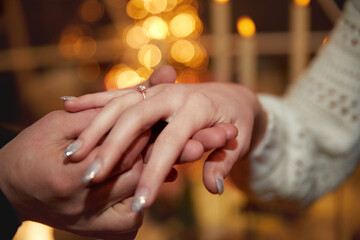 Young couple is getting engaged, man propose woman, new family celebration, engagement ring,...