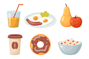 food set fruits glass of coffee scrambled eggs with sausages donut a glass of juice and a bowl of porridge