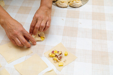 Closeup of woman hand closing dough pieces with ingredients to cook manti
